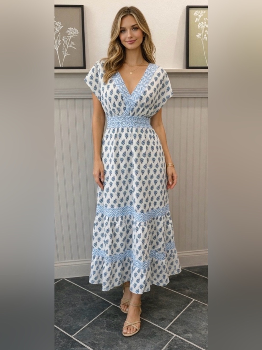 Rachel Zoe White and Blue Printed V-Neck Maxi Dress
